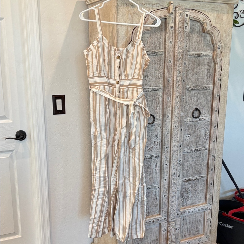 LOFT Beige & White Striped Linen-Blend Jumpsuit